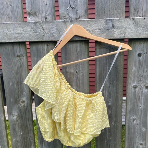 Mink pink yellow gingham one shoulder ruffled crop top - Picture 2 of 5